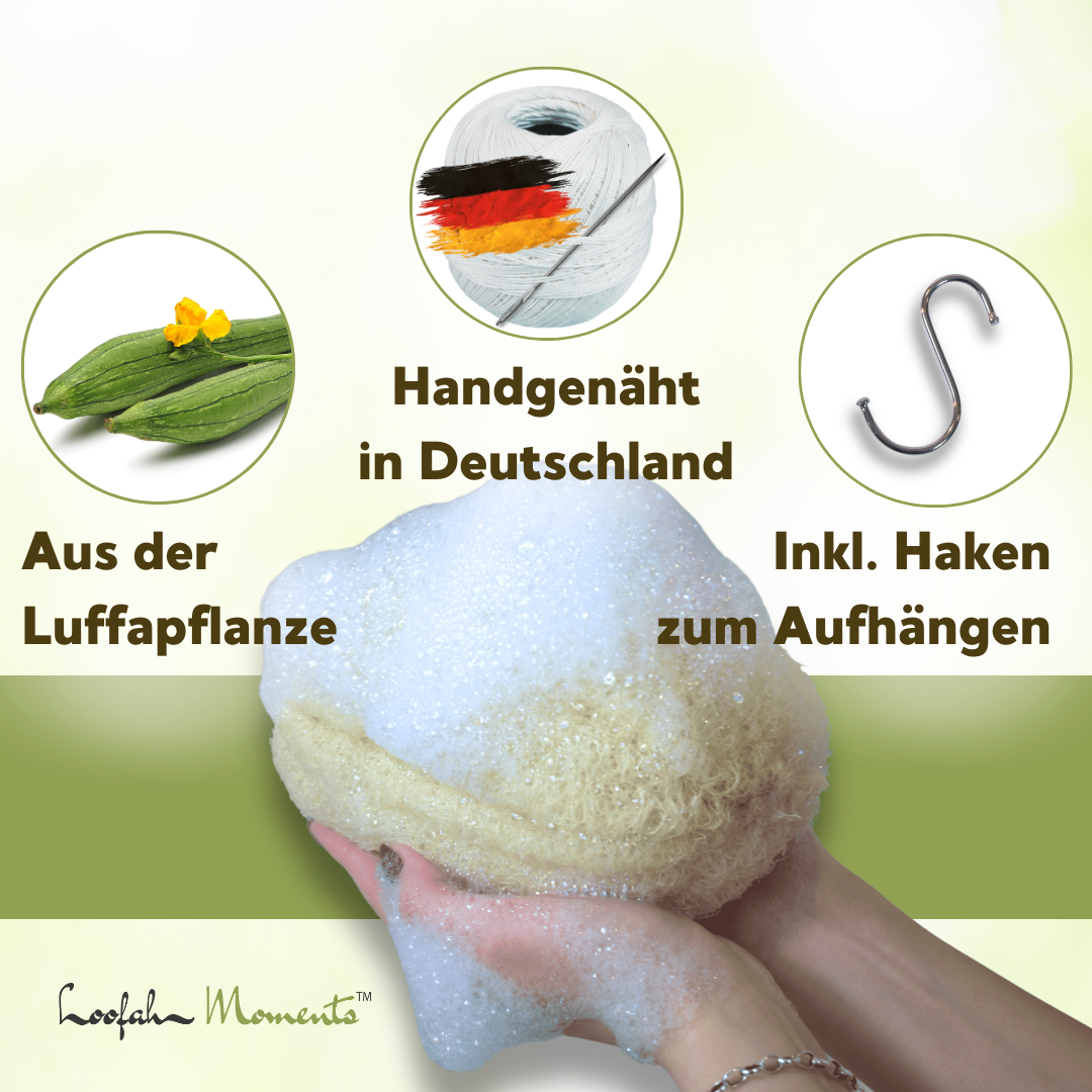 Handgenähter Luffa-Duschschwamm für sanftes Peeling | Made in Germany | Loofah Moments